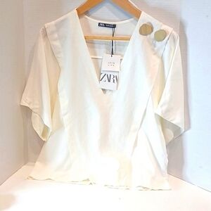 NWT ZARA Linen Blend Top Deep V-neck Buttons Off White Women's Small